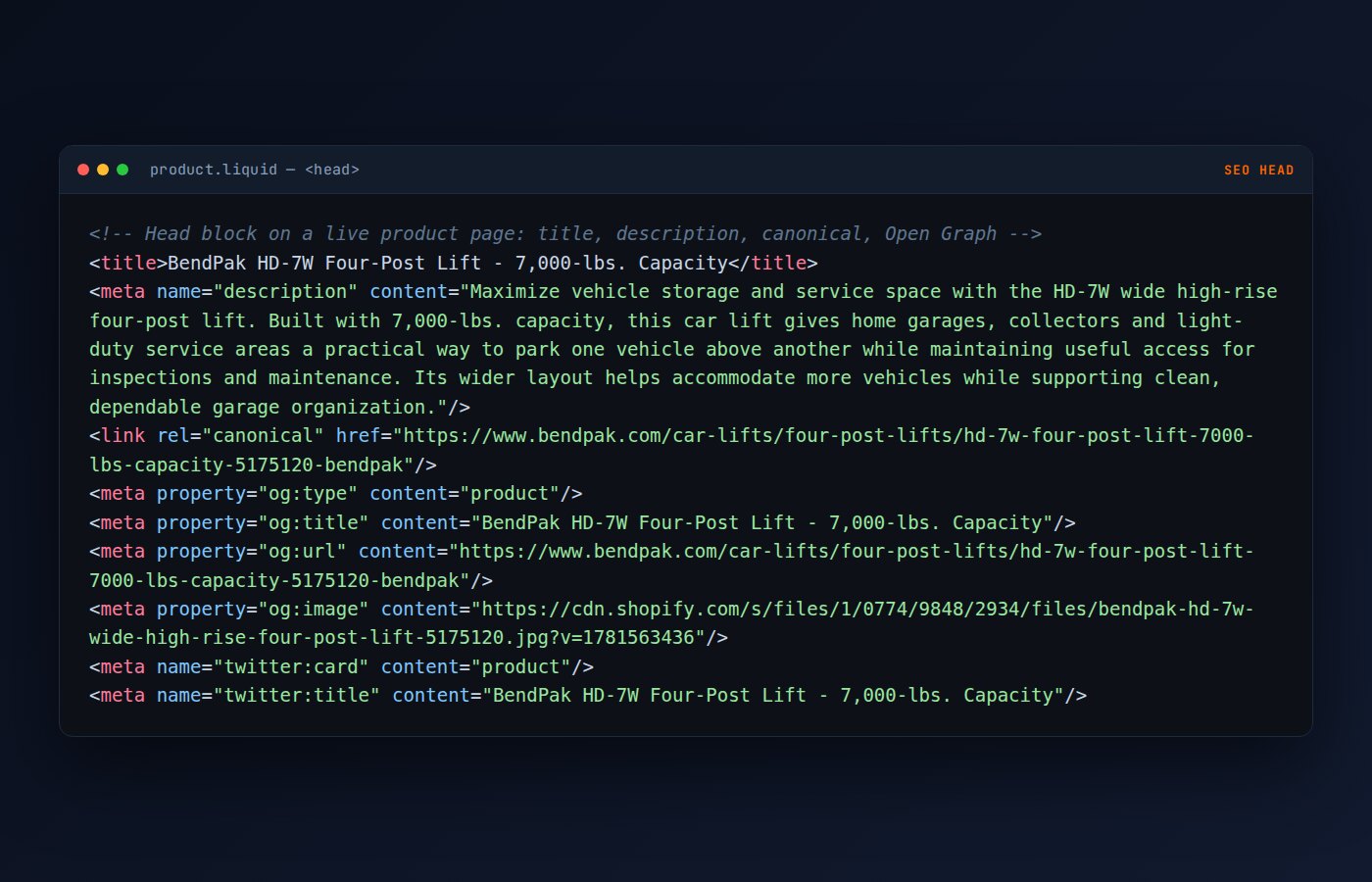 SEO head block on bendpak.com