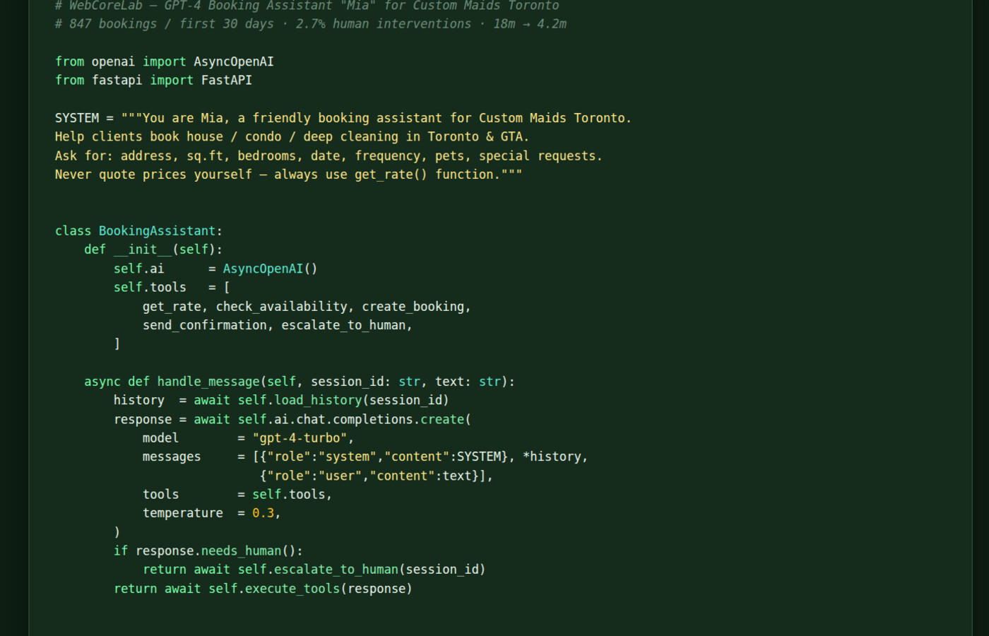 Custom Maids Toronto — GPT-4 booking assistant code
