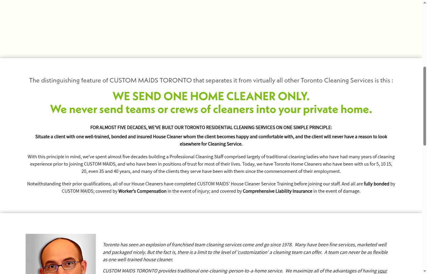 Custom Maids Toronto — Why Choose Us, one home cleaner only