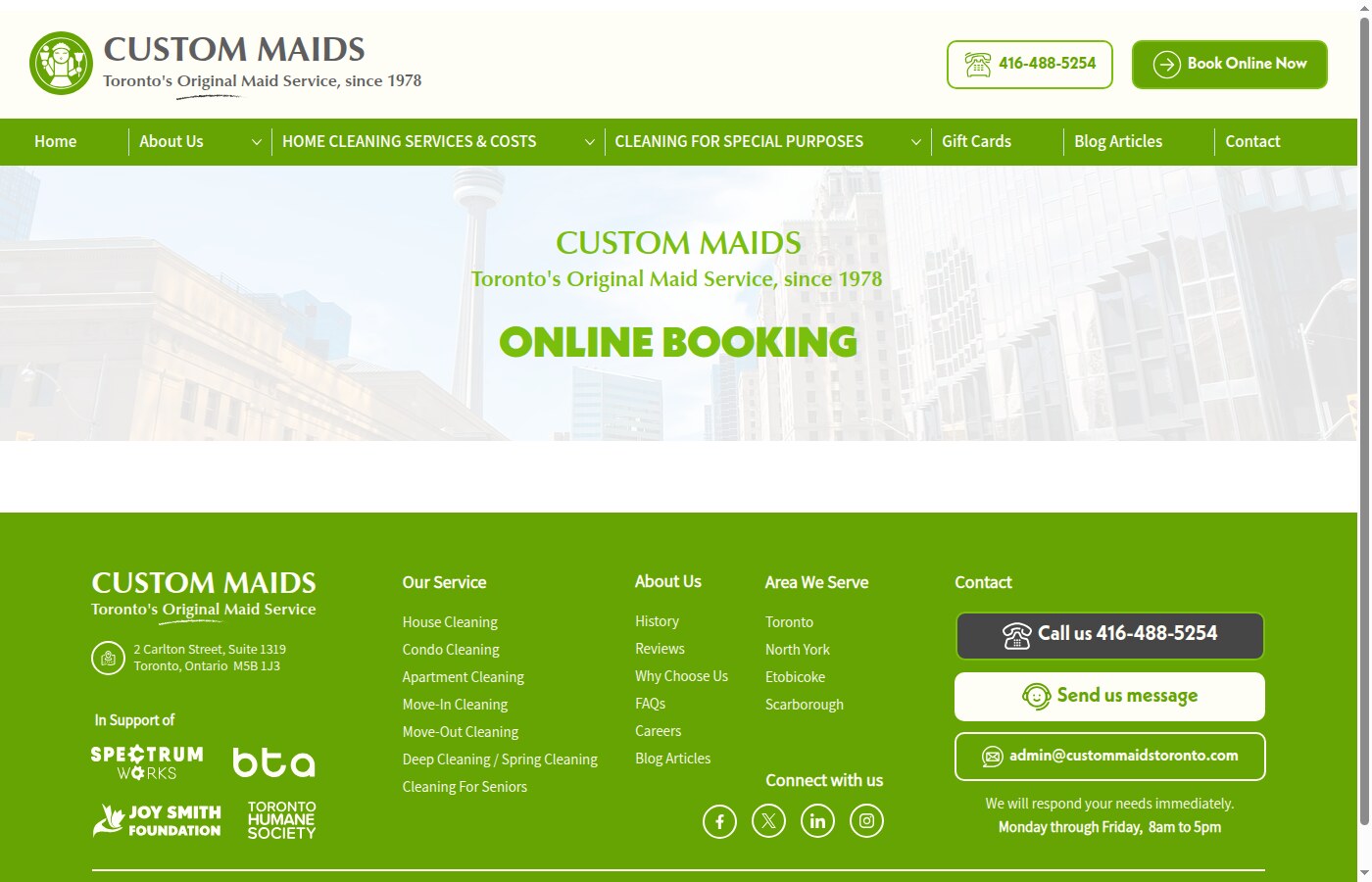 Custom Maids Toronto — Online Booking page