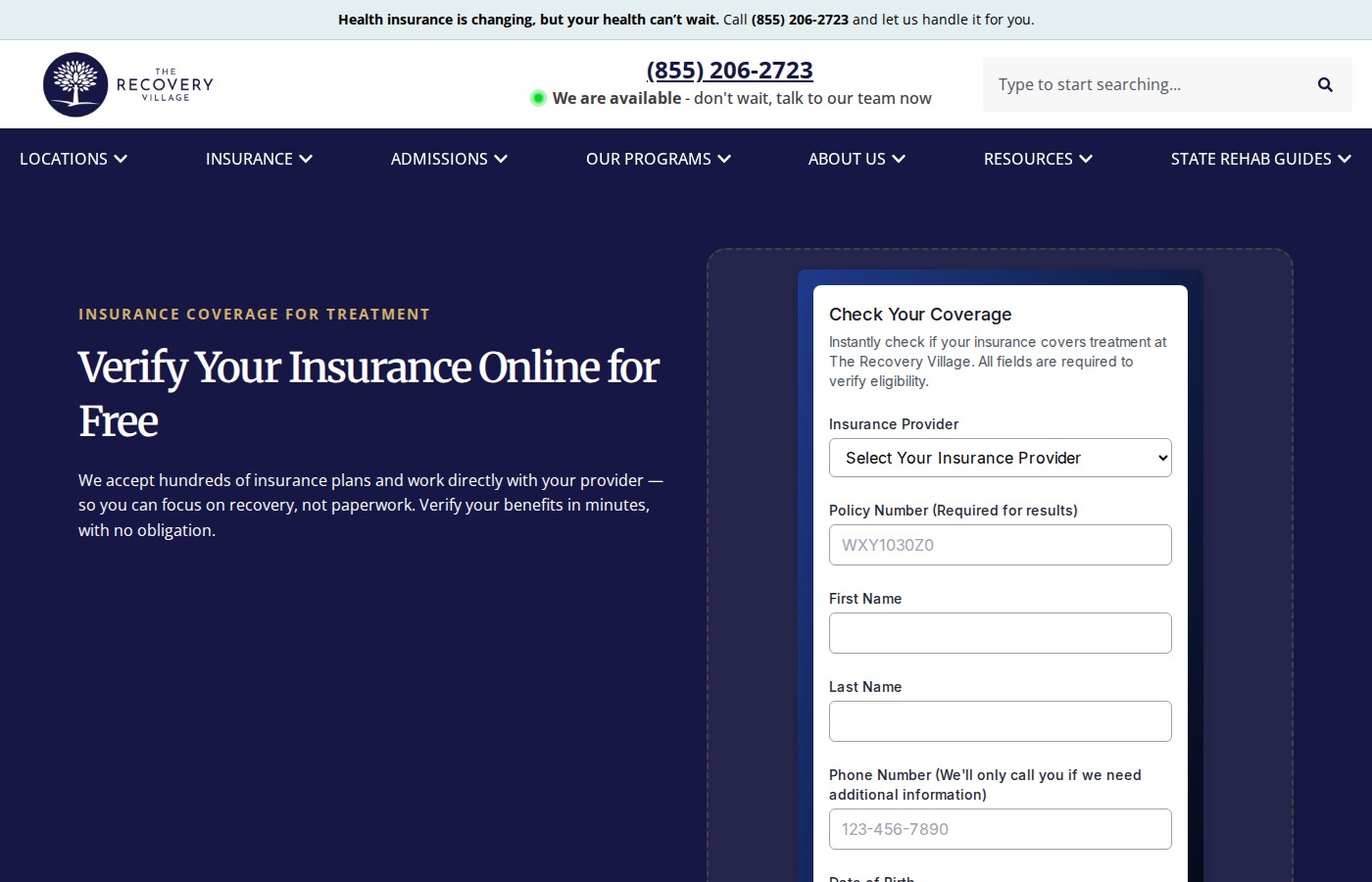 Detox of South Florida — Insurance verification page