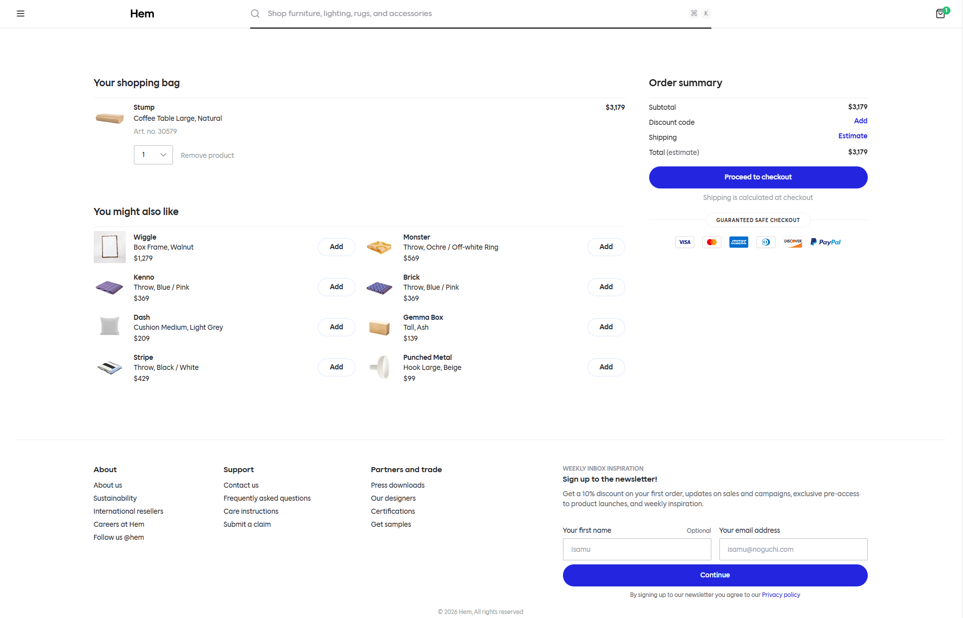 Shopping bag — Cross-sell grid + order summary + newsletter