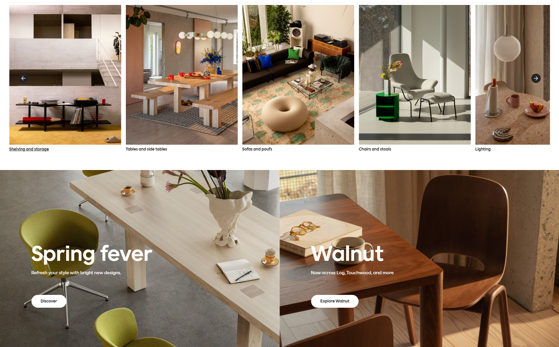 Category grid — 5 furniture rooms + Spring Fever / Walnut promo banners