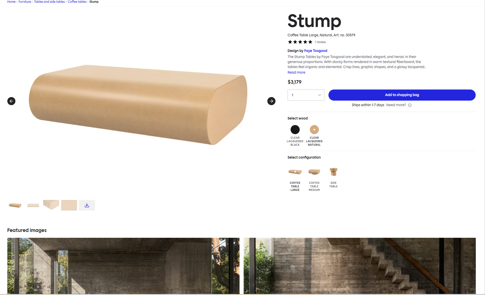 Product detail — Stump Coffee Table $3,179 · material + configuration