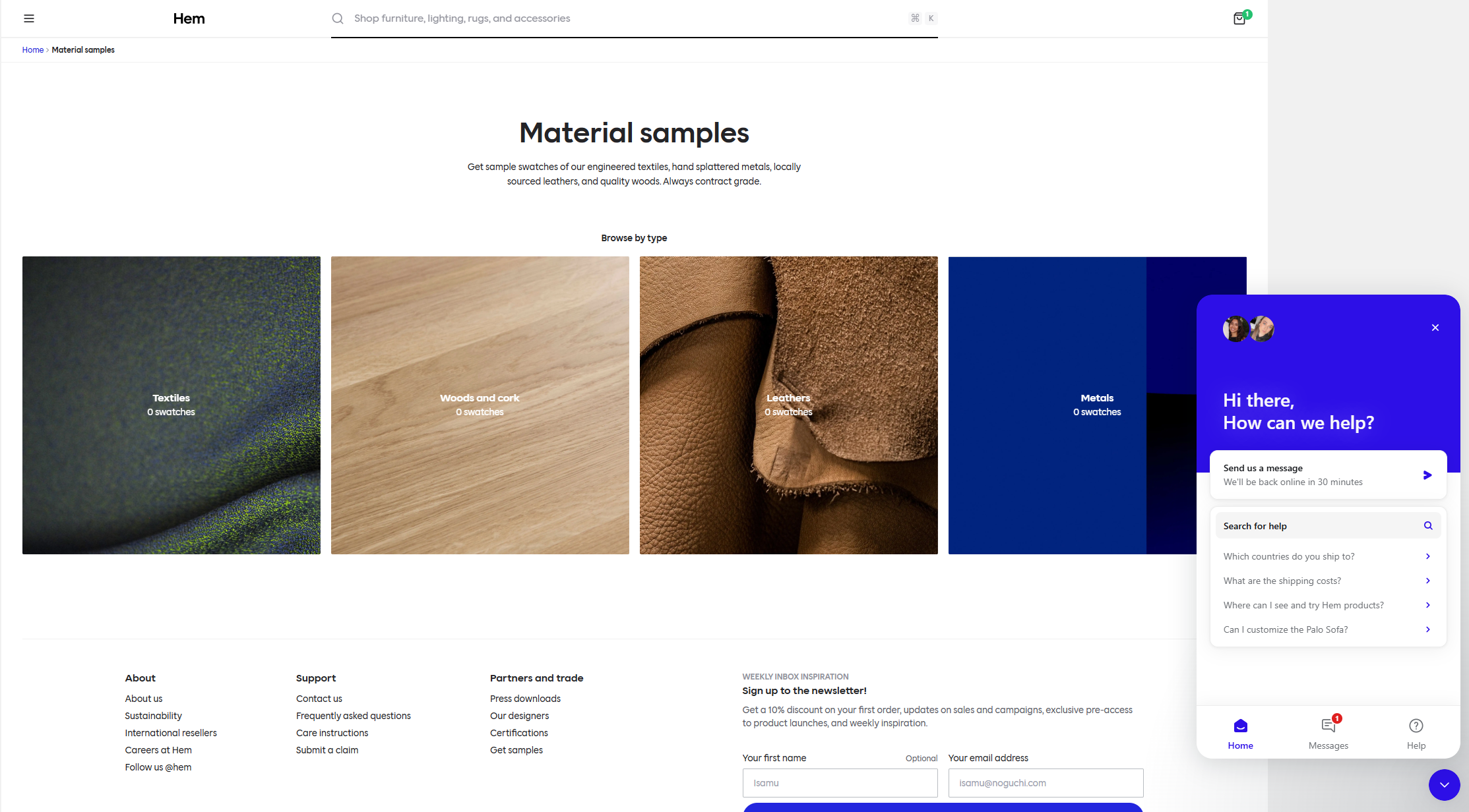 Material samples service — Textiles / Wood / Leather / Metals