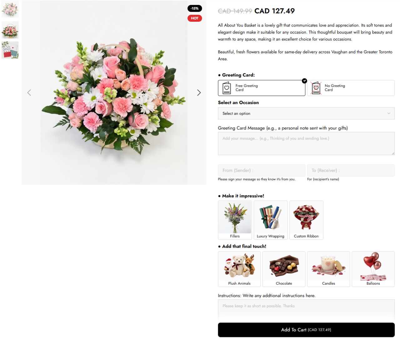 Making Dream product page — greeting card and occasion upsell