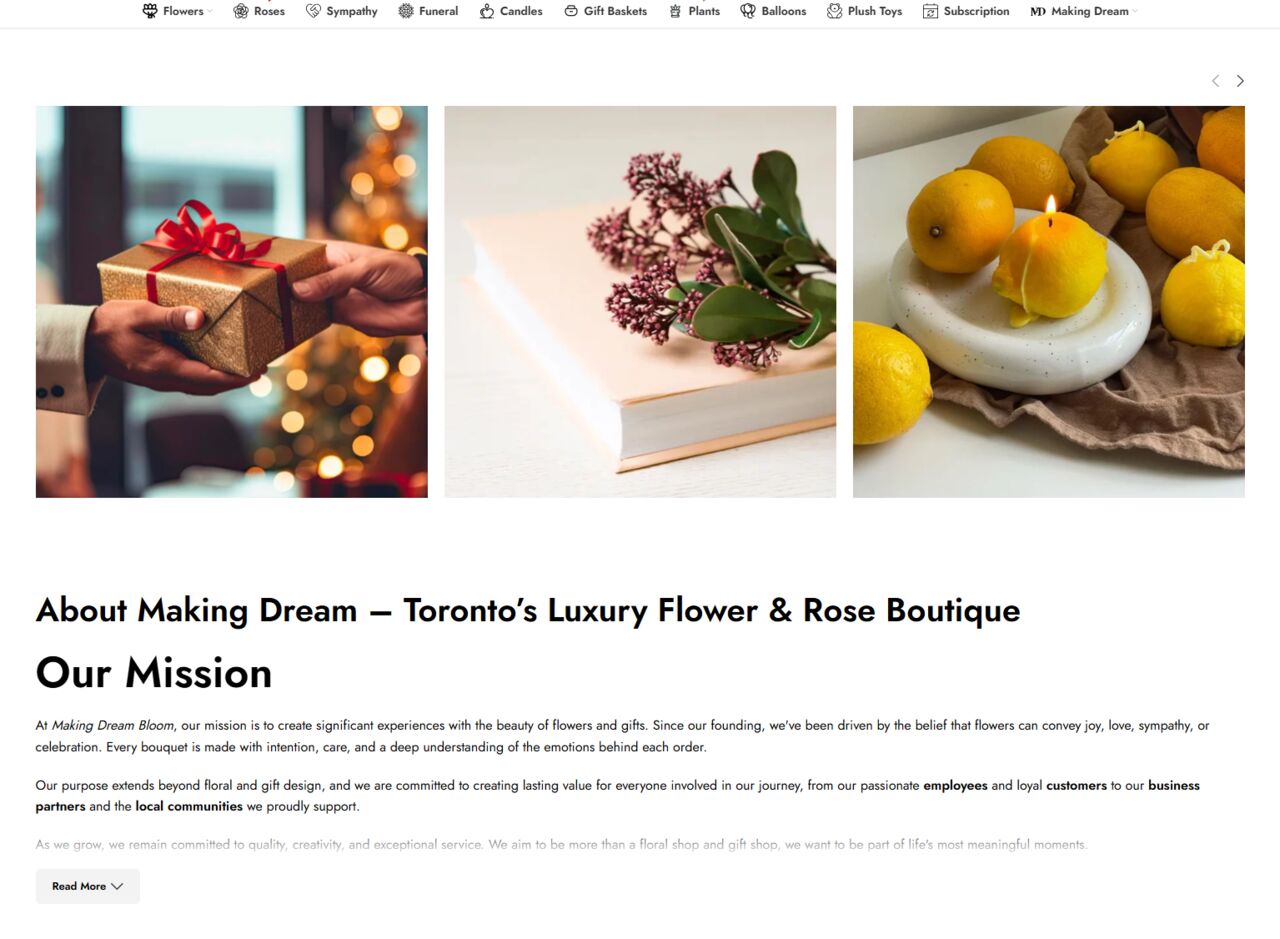 Making Dream about page — brand mission and Toronto florist story