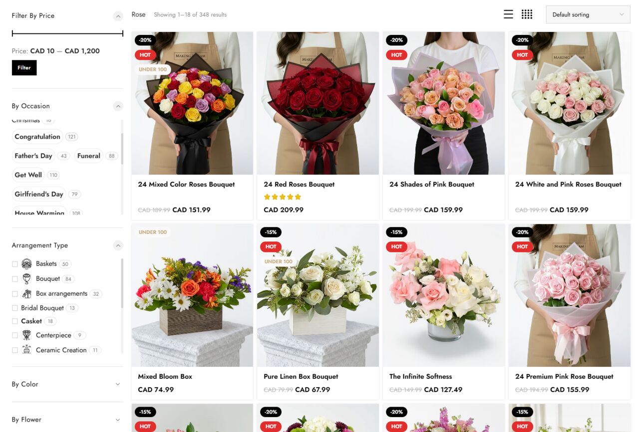 Making Dream bouquet filter — price and occasion sidebar