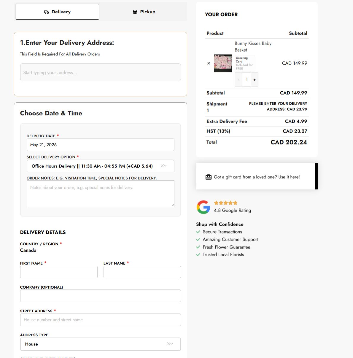 Making Dream checkout — delivery date picker and HST order summary