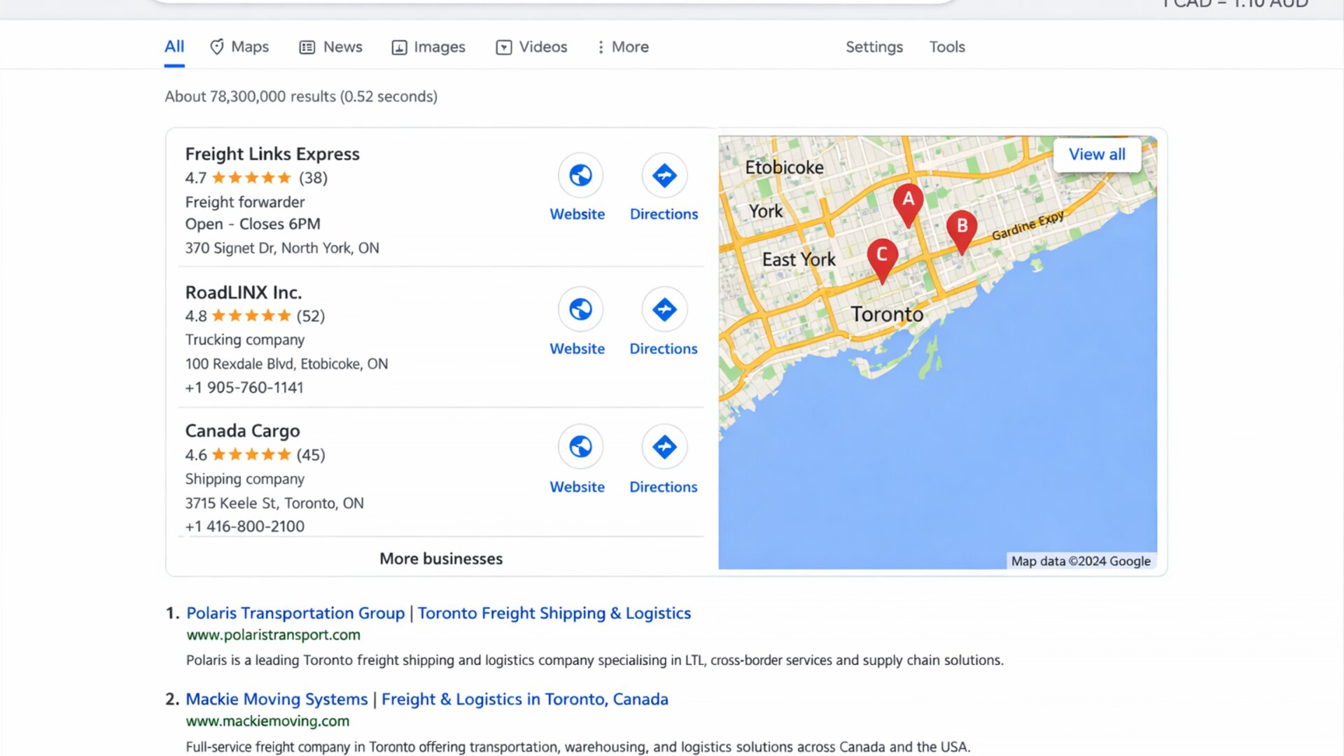Google Local Pack 3-pack for freight Toronto
