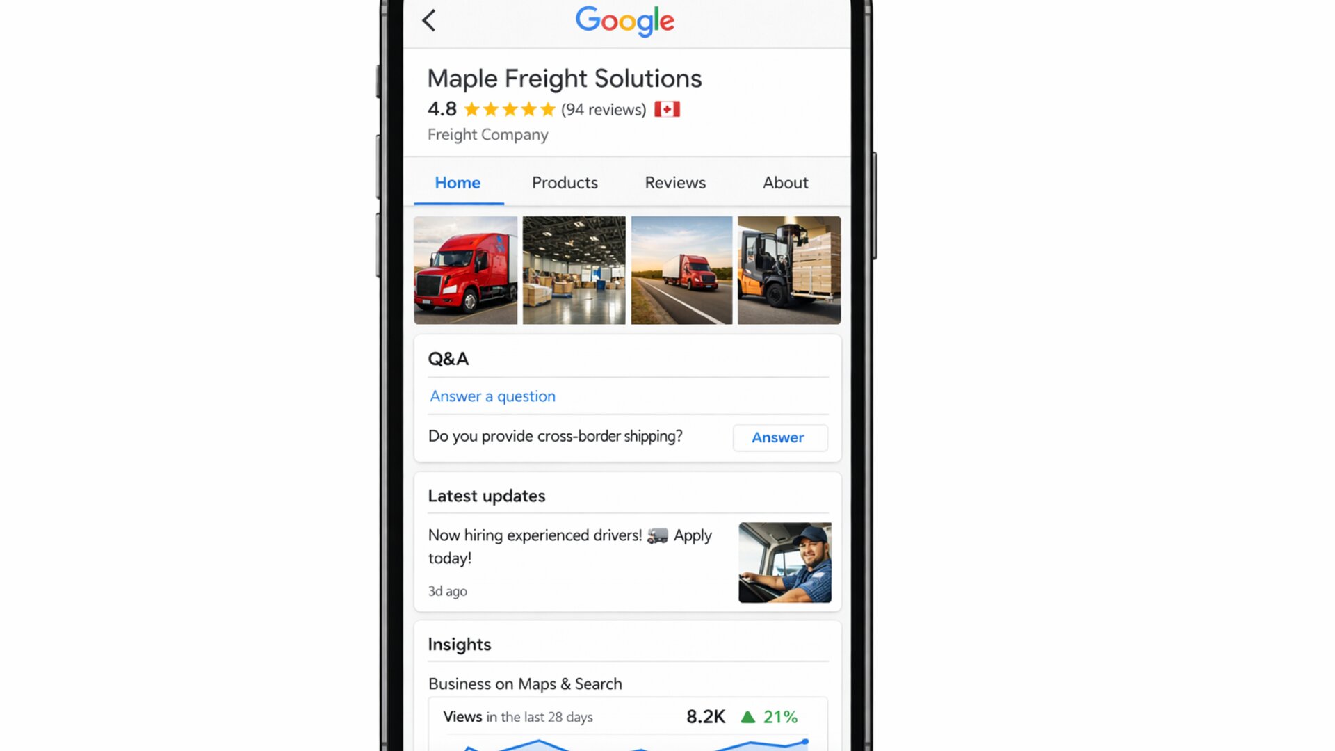 Google Business Profile dashboard with 4.8 stars 94 reviews