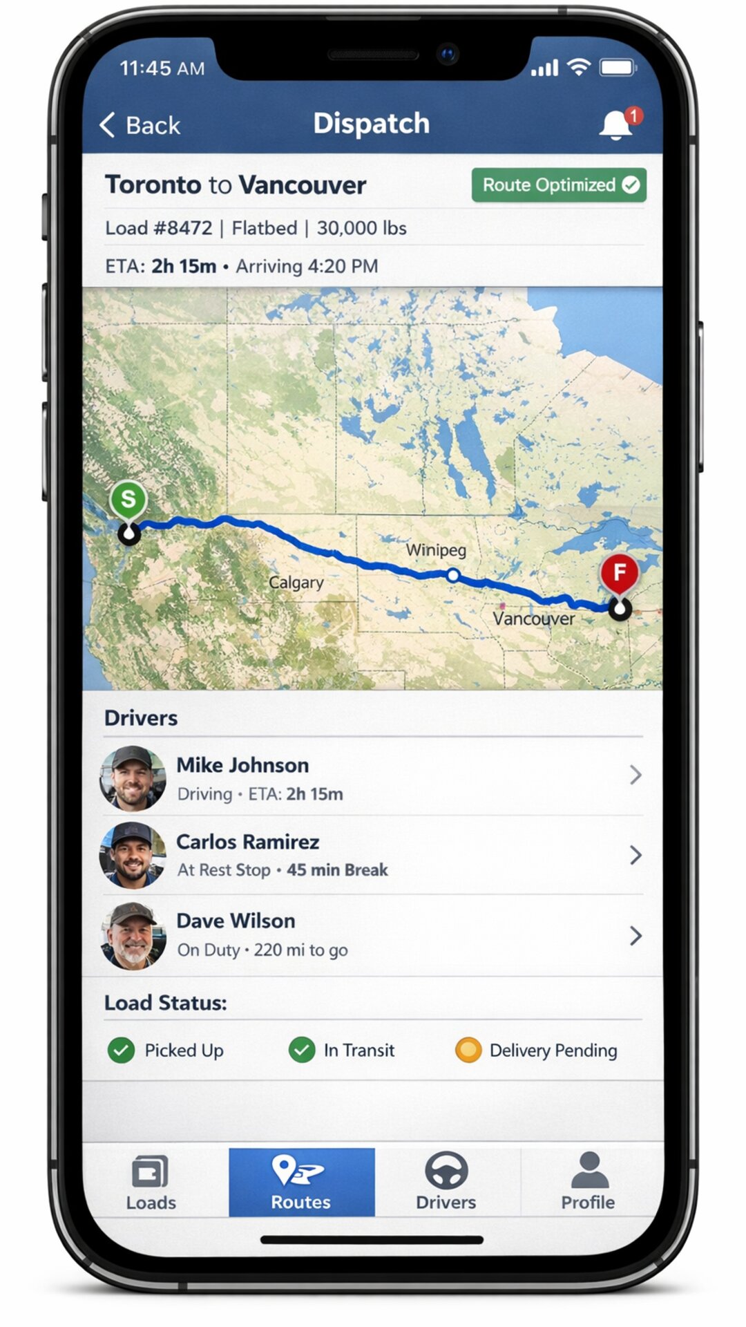 iOS dispatch mobile app with route Toronto to Vancouver