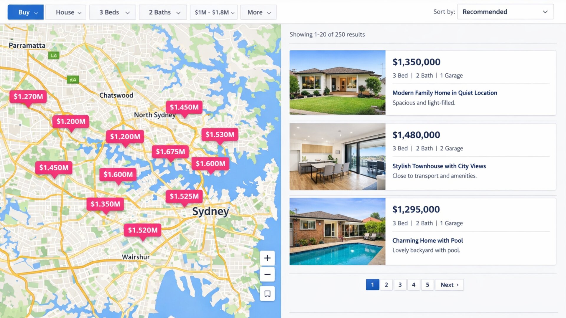 RealEstateView — Search results split map + listings panel